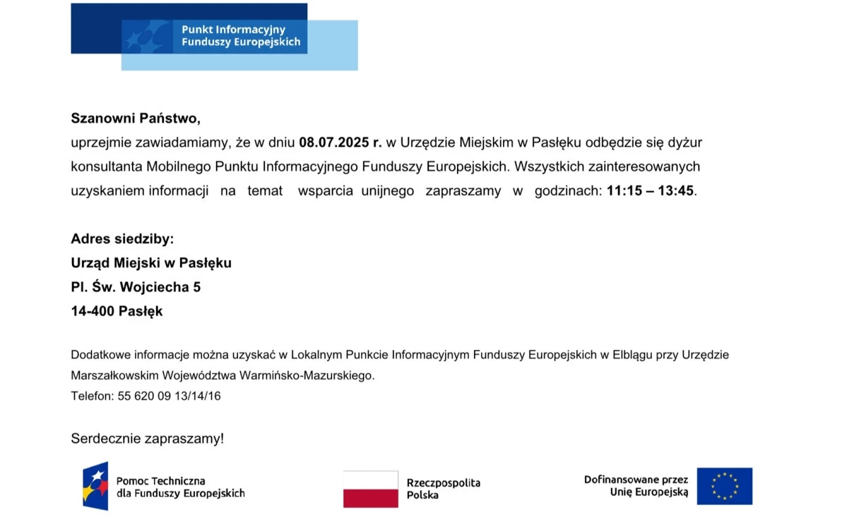 Dyżur konsultanta Mobilnego Punktu Informacyjnego Funduszy Europejskich