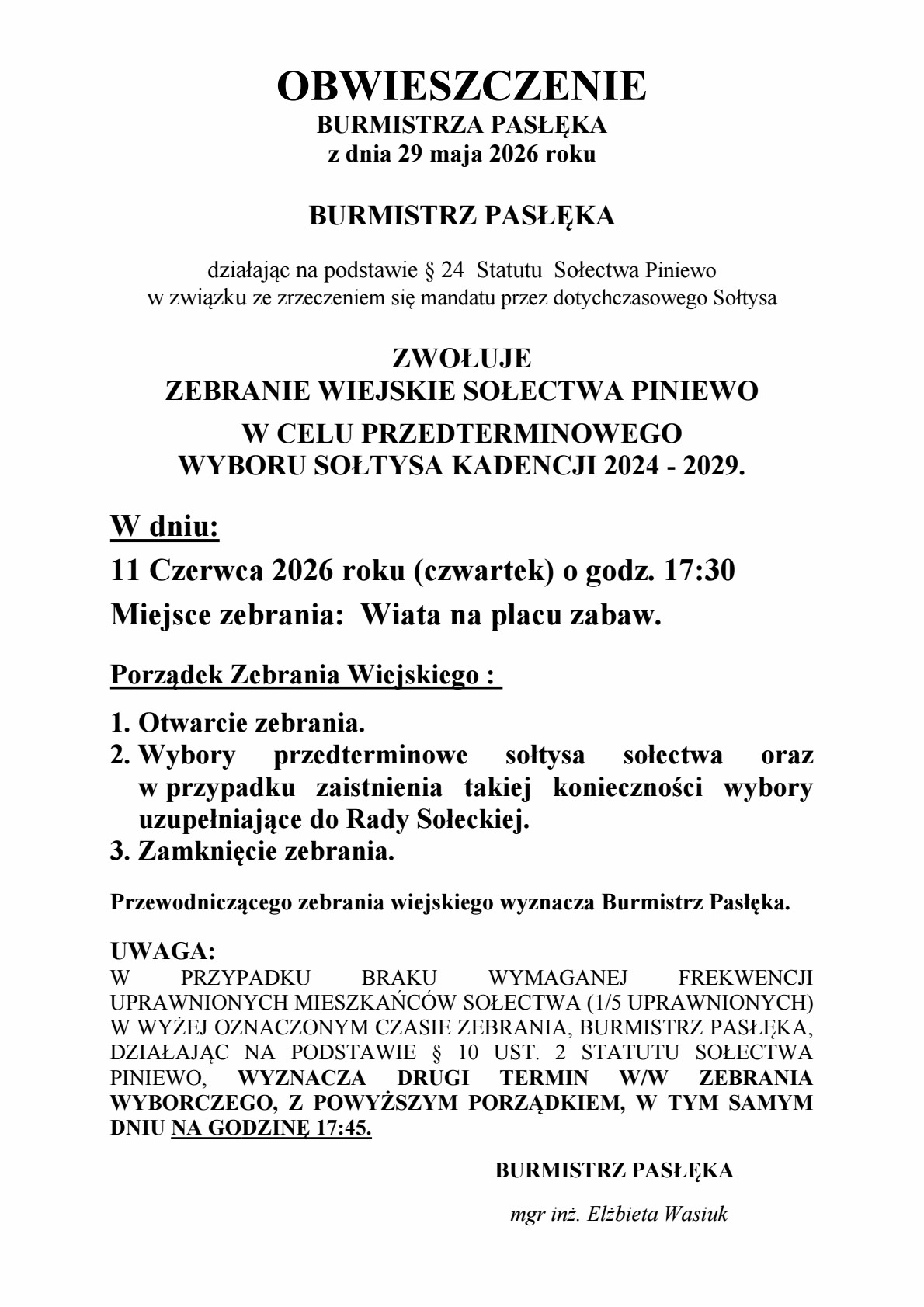 Obwieszczenie o&nbsp;wyborach sołtysa w&nbsp;Piniewie