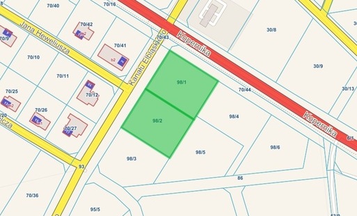 Mapa przedstawiająca działki na 98-1 i 98-2