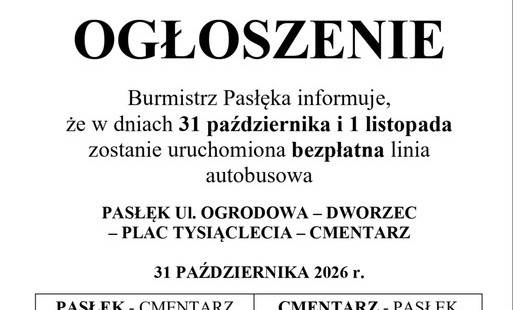 Zdjęcie do Bezpłatna linia autobusowa na trasie Pasłęk &ndash; Pasłęk Cmentarz